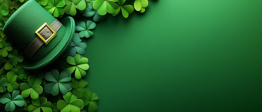 Green background with shamrocks and leprechaun hat for Saint Patrick's Day