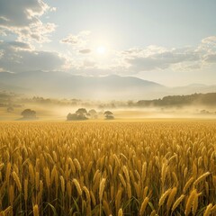 Naklejka premium Beautiful golden wheat in lush Albanian countryside, farming, sunny, growth, clear sky, agriculture