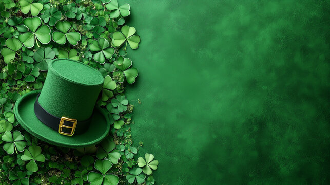 Green background with shamrocks and leprechaun hat for Saint Patrick's Day