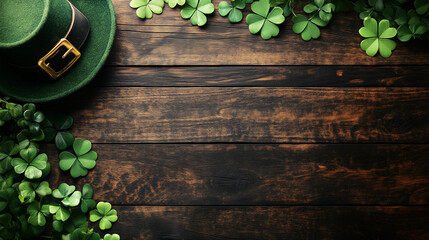 Wooden table background with shamrocks and leprechaun hat for Saint Patrick's Day