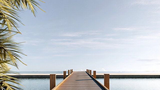 A solitary wooden pier extending into a vast ocean