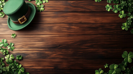 Wooden table background with shamrocks and leprechaun hat for Saint Patrick's Day