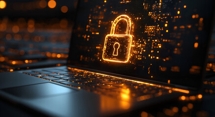 golden padlock icon on a laptop screen, isolated against a dark background.