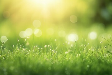 Fototapeta premium Green Spring Meadow with Natural Grass and Abstract Bokeh Lights in Blurred Background