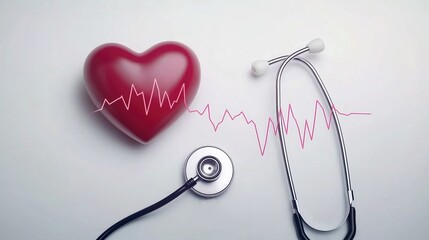 Red heart, stethoscope and electrocardiogram line on white background. Medical and heart - health concept.