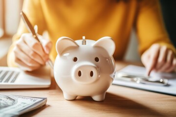 A person depositing money into a piggy bank, symbolizing savings and smart money management