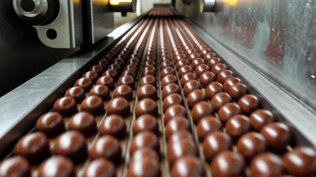 Chocolate balls on conveyor belt in a candy factory