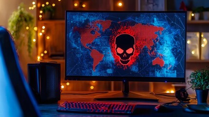 Dark Cybersecurity Threat Concept with Skull and World Map Displayed on Modern Computer Monitor