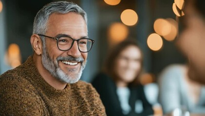 A Joyful Middle-Aged Man with Silver Hair and Glasses Sharing a Laugh at a Cozy Social Gathering with Friends in a Warm and Inviting Atmosphere
