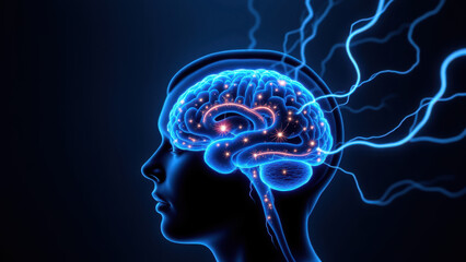 Obraz premium Vagus Nerve Stimulation (VNS) with blue electrical lighting effects on a human head silhouette, symbolizing brain activity or treatment.