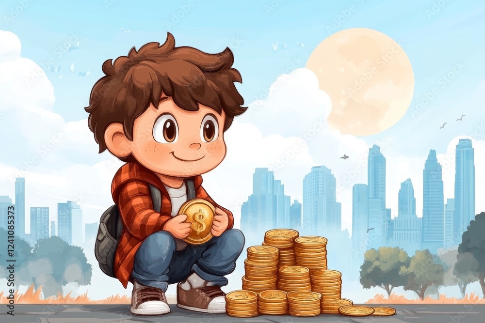 Poster a pixel art character slowly building their savings in a retro-style banking game, with animated gol