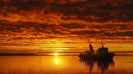 Naklejka premium Fiery sunset over calm sea, ship at anchor, background dramatic clouds, ideal for travel or nature websites