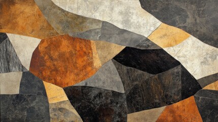 Abstract earthy toned geometric pattern with sienna, brown, black, gray and white shapes