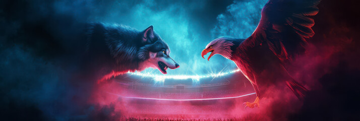Fototapeta premium A dramatic face off between a wolf and an eagle american football teams. Sports competition and rivalry