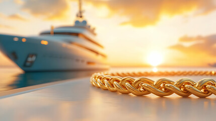 A luxurious gold bracelet rests elegantly on a surface with a stunning yacht in the background during sunset.