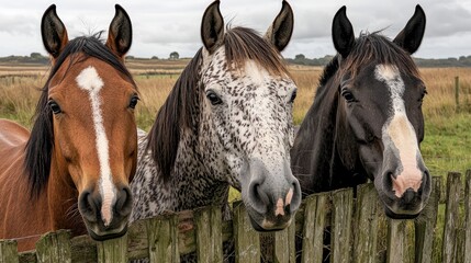 Naklejka premium Three horses peek over fence in field