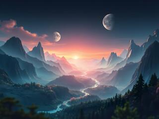 A vibrant alien planet with glowing forests, towering crystalline mountains