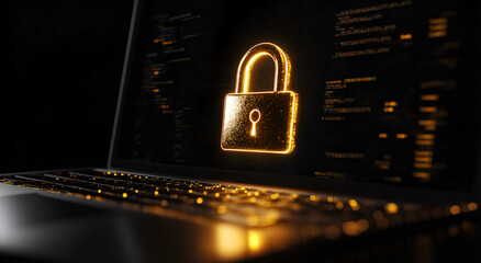golden padlock icon on a laptop screen, isolated against a dark background.