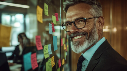 smiling businessman with glasses stands in front of glass wall covered in colorful sticky notes, conveying positive and collaborative work environment