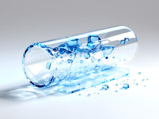 Frozen Crystal Fragments in a Transparent Glass Tube with Blue Reflections