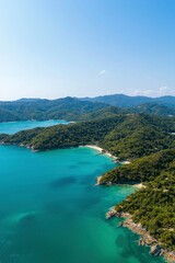 Tropical Island Cove Aerial View Lush Green Mountains