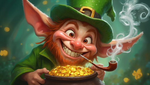 Happy leprechaun smoking a pipe holding a pot of gold in a magical forest