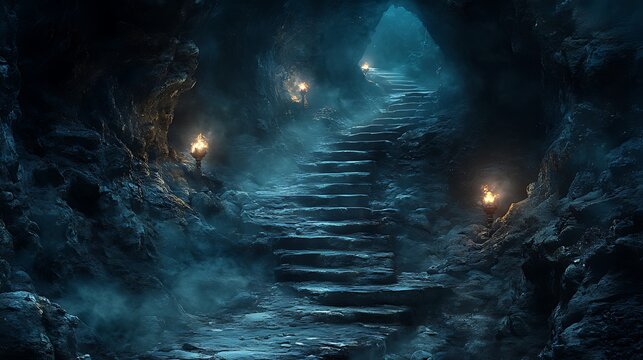 Dark cave stairs, torches, mystical light, fantasy background, game design