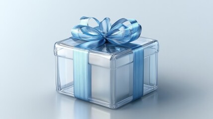 Obraz premium Elegant Transparent Gift Box with Blue Ribbon on Minimalist Background for Celebrations and Special Occasions