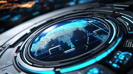 Futuristic Digital Globe with High-Tech Interface Emphasizing Global Connectivity and Data Visualization Concepts