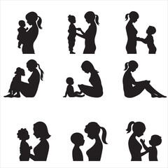 set of black various mother and child vector silhouette