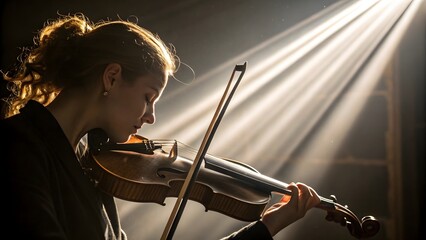 Fototapeta premium Young Woman Musician Playing Violin in Dramatic Light Classical Music Concert