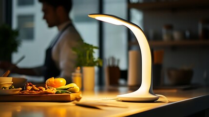 Illuminated desk lamp on kitchen counter, chef in background.