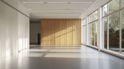 Obraz premium Stylish, modern meeting room with a minimalist vibe, blank walls for creativity, a wooden feature wall, and bright open windows.