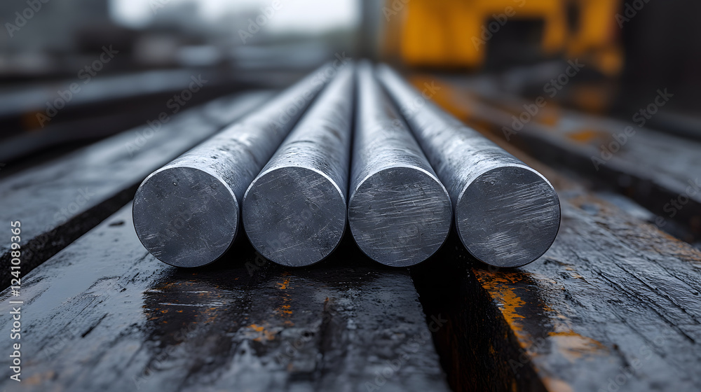 Poster a close-up view of metallic rods arranged in a row, showcasing their smooth surfaces against a dark,