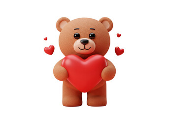 Obraz premium A cute 3D rendered teddy bear holds a large red heart surrounded by smaller hearts symbolizing love and affection.