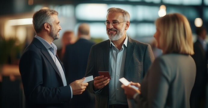 Executives exchanging business cards at a networking event in a high-rise office, city skyline in the background, bathed in golden hour lighting.