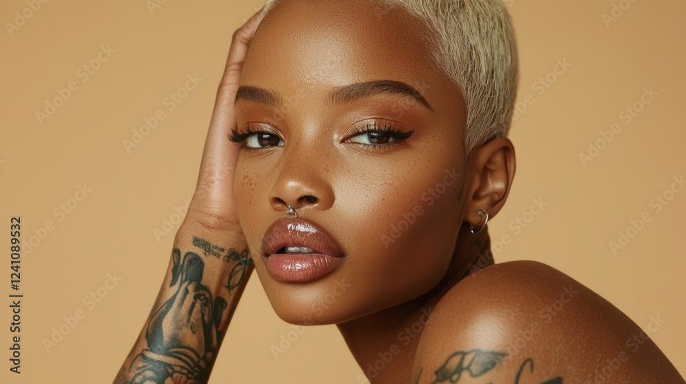 Poster a model poses gracefully with a subtle smile, showcasing her unique tattoos and flawless skin. the w