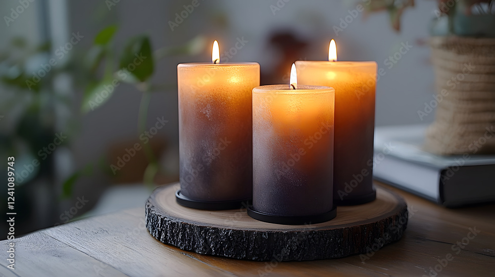 Poster three glowing candles on a wooden base create a warm, inviting atmosphere, complemented by soft ligh
