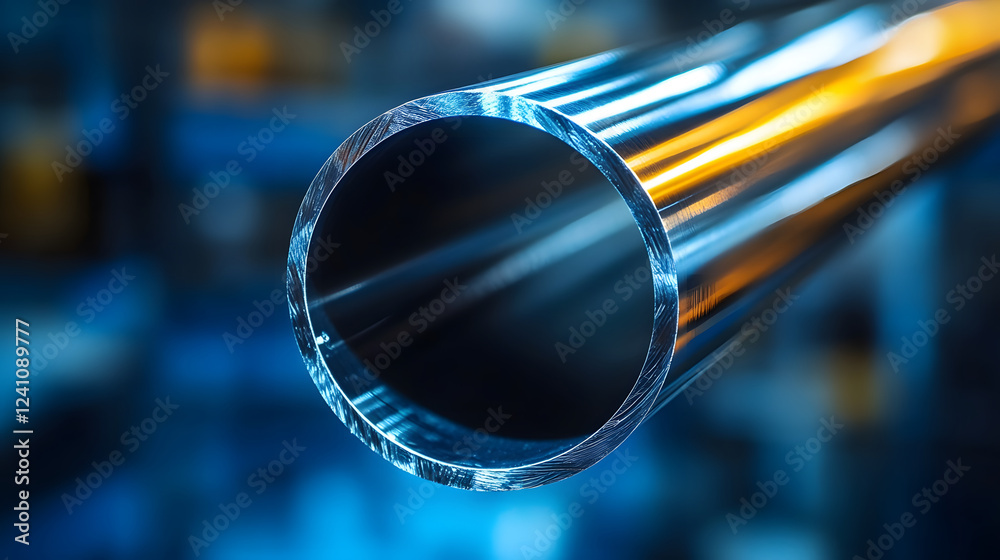 Poster a close-up view of a shiny, hollow metal pipe showcasing reflections and a smooth surface, set again