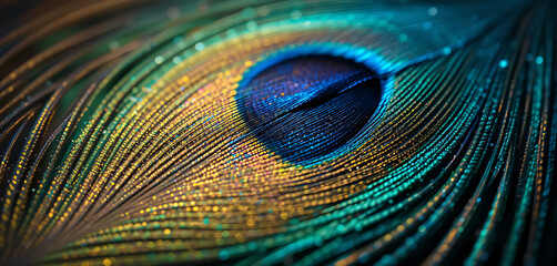 Fototapeta premium An extreme close-up of a peacock feather, revealing the microscopic iridescent barbs that create the mesmerizing blue, green, and gold hues.