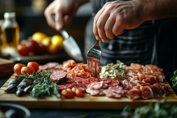 Chef preparing charcuterie board, kitchen, food