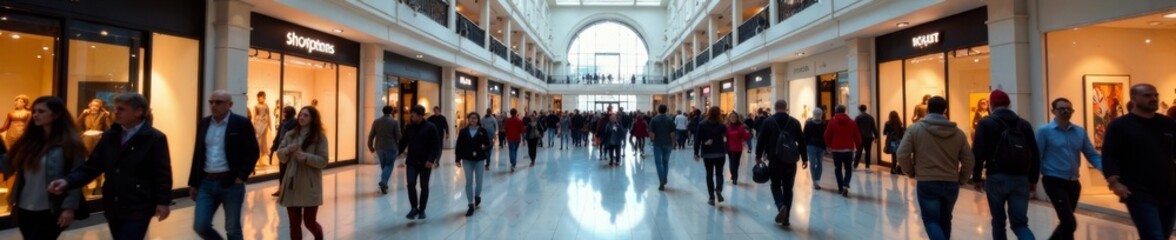 Crowd of shoppers strolling through a large indoor shopping mall, indoor shopping, shoppers, crowd