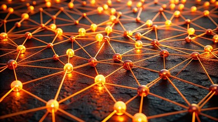 Fototapeta premium Glowing Orange Network Nodes on Dark Textured Surface - Abstract Low Light Stock Photo