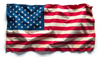 Crumpled and faded American flag with a torn edge on white background, flag, aged, american