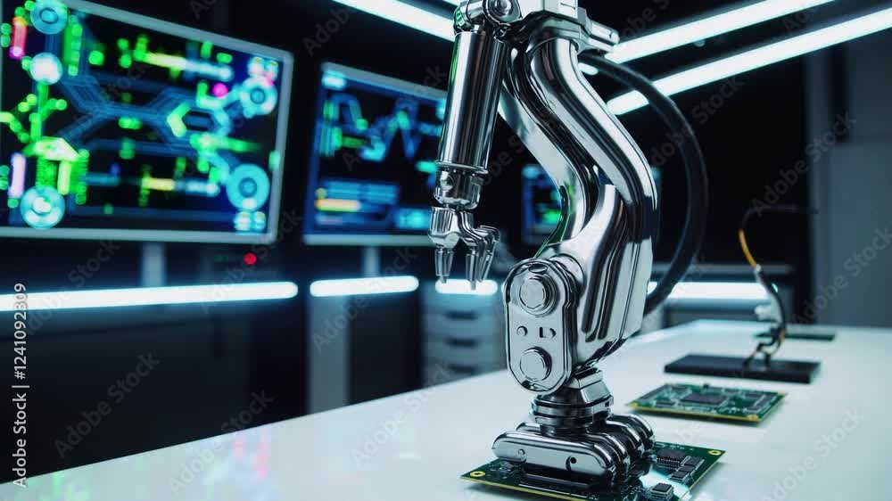 Poster advanced robotic arm in modern laboratory with high-tech interface