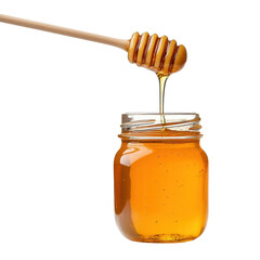 A jar of golden honey being drizzled with a wooden honey dipper.