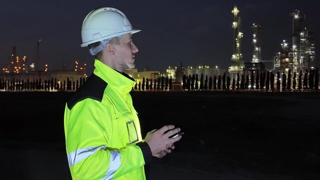 Night Watchman: A focused worker in a high-visibility jacket and helmet stands vigil outside an industrial complex at night, surveying the illuminated facilities.