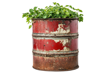 A red barrel with a plant growing out of it. ,on transparent background.