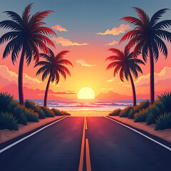 A tranquil sunset view over a deserted road lined with palm trees leading to a beach, with vibrant hues of orange, pink, and purple illuminating the sky