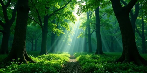 Naklejka premium Dark forest canopy above vibrant green foliage, nature, outdoor, forest floor